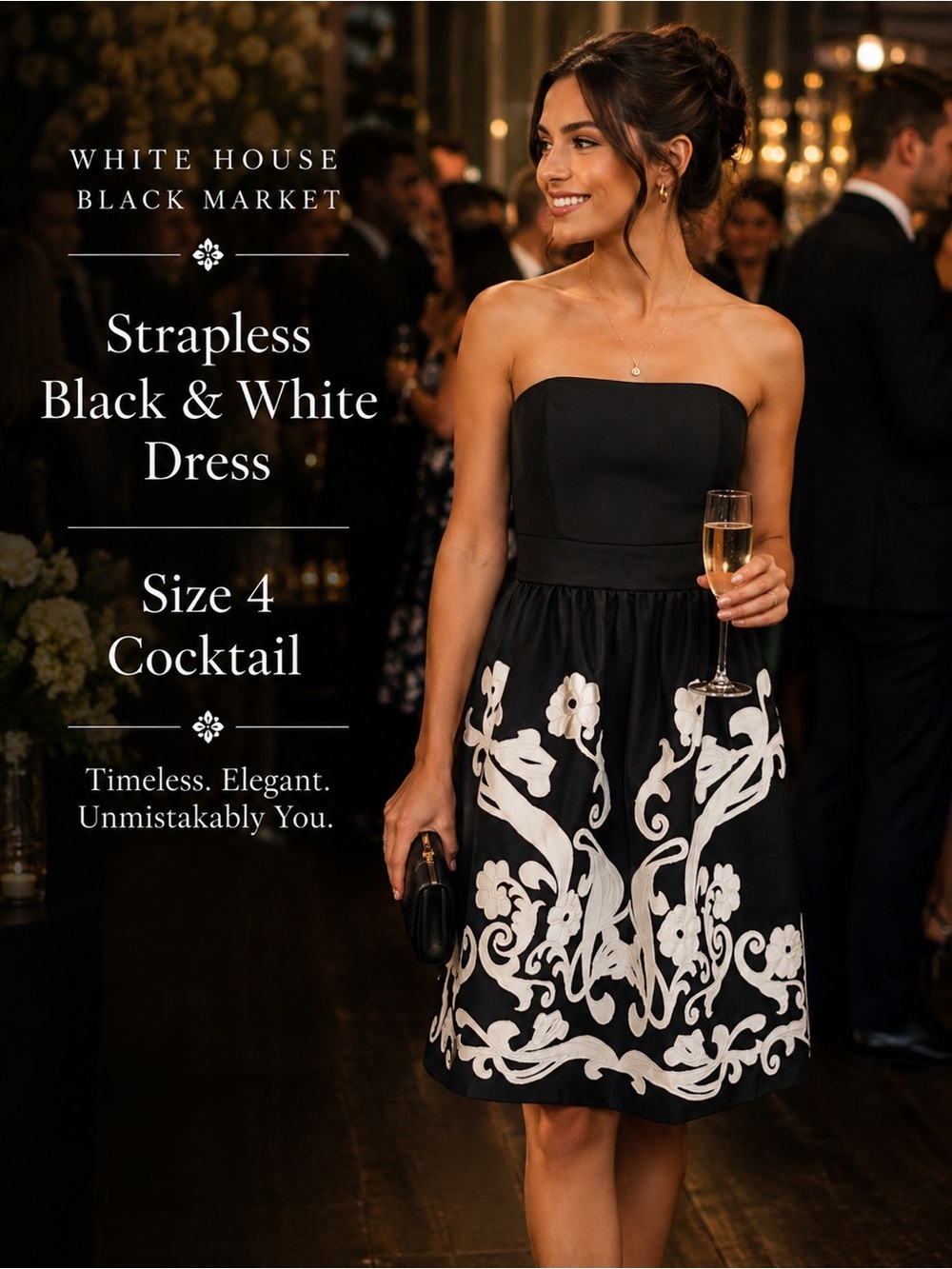 White House Black Market women Strapless Black and White Dress size 4 cocktail